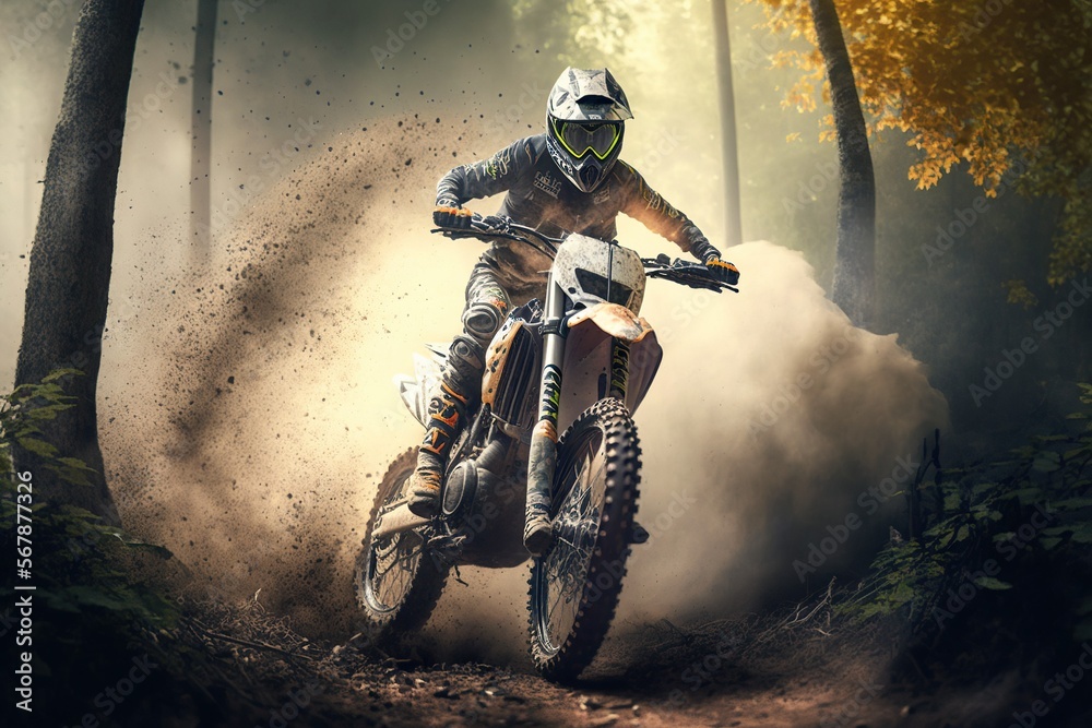 Extreme Motocross MX Rider riding on dirt track ,forest one the background ,Generative ai Extreme Motocross MX Rider riding on dirt track ,forest one the background ,Generative ai