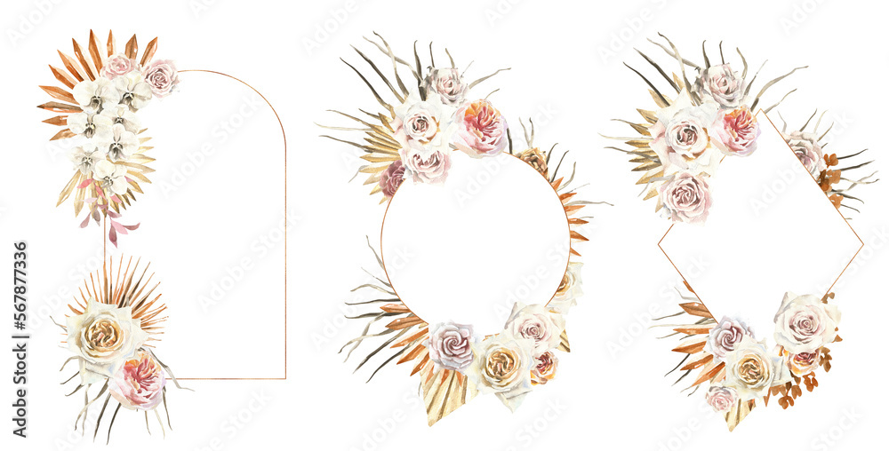 Watercolor boho gold dried flower polygonal frames, illustration set. Composition,wreath with leaves, flowers, palm, pampas, roses,orchid. Bohemian modern wedding frames,wreath, card invitation diy