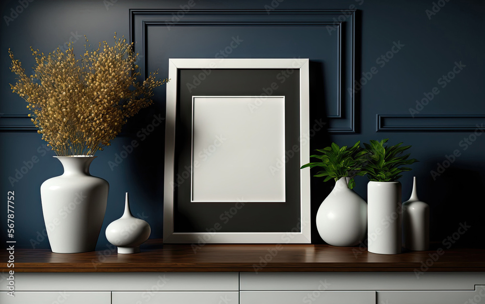 Obraz premium Mockup frame on cabinet in living room interior on empty dark blue wall background. Generative AI