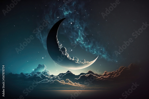Mystical Background of the night sky with the half moon, clouds, and stars. moonlit evening. Image in illustration format. Generative AI photo