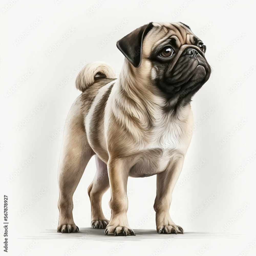 Pug dog on white background. Generative AI Pug dog on white background. Generative AI