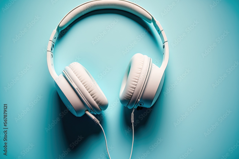 White headphones in top view against a blue background with text space. Lay flat. Generative AI White headphones in top view against a blue background with text space. Lay flat. Generative AI