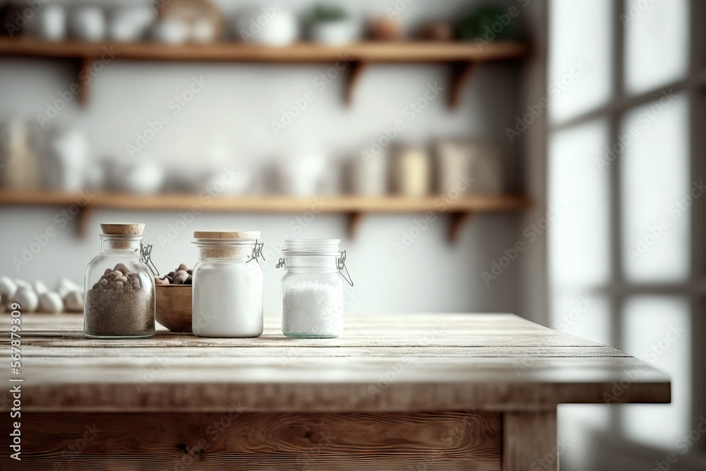 A white interior with an abstract blurry background serves as the backdrop for an empty wooden table with a product display. Generative AI A white interior with an abstract blurry background serves as the backdrop for an empty wooden table with a product display. Generative AI