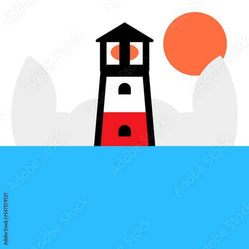 Ilustración vectorial de faro. Faro en medio del mar. Faro alertando. Faro del océano. Faro en el atardecer.