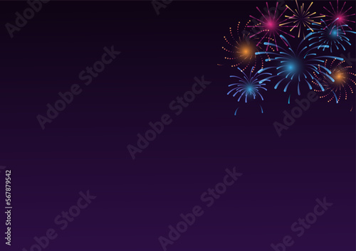 Colorful fireworks with holiday celebration symbols on the right of the purple and black color background, empty space for display logo and content, creative design vector illustration.