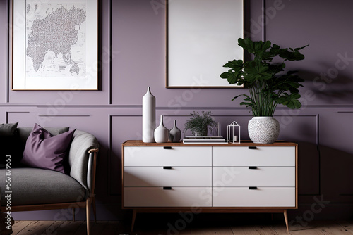 Japandi living room in white and violet tones. Wooden chest of drawers with frame mockup. Parquet and wallpaper. Modern interior design  3d illustration. Generative AI