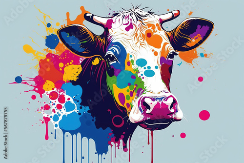 Cow Head Cartoon, Colorful Paint Splatter, Abstract Vector, Cow Print, painting, digital art, Moo, background, poster, print, web