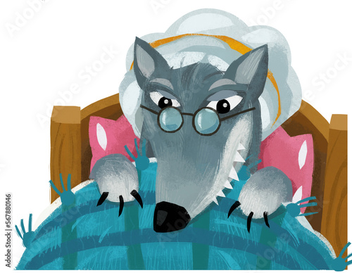cartoon scene with evil wolf spying in bed illustration for children