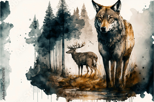 Wolf and Deer water color 