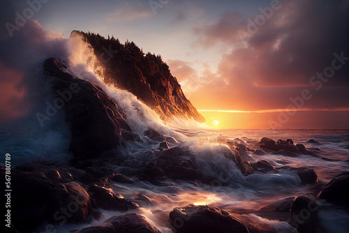 Stunning Seascape with Waves Crashing on the Rocks and the Shore at Sunrise