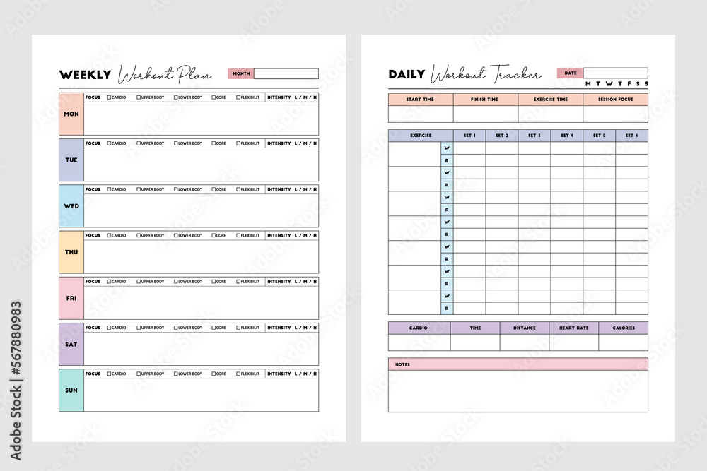 Vector Workout Log Workout Tracker Template Weekly Workout Planner 