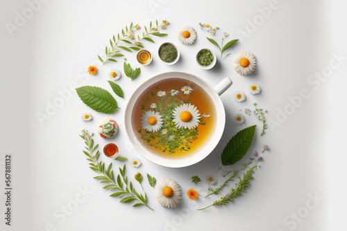 On a white background, a herbal tea with mint, chamomile, rose hips, and other herbs. from the top, looking down. the space bar. Generative AI