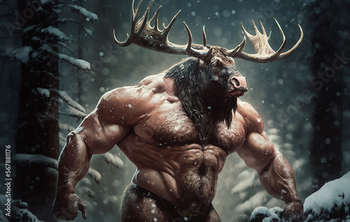 Bull moose head with antlers and muscular bodybuilders, body running through the forest in winter with no shirt on. Creepy fantasy image created with generative ai digital art. 