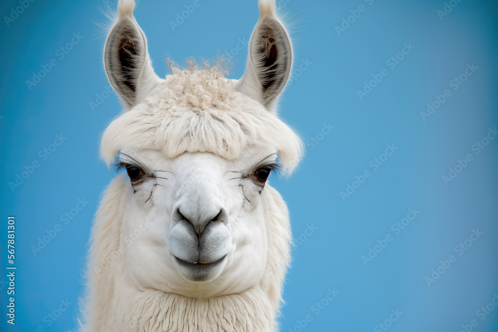 Obraz premium Alpaca in white against a blue background. Generative AI