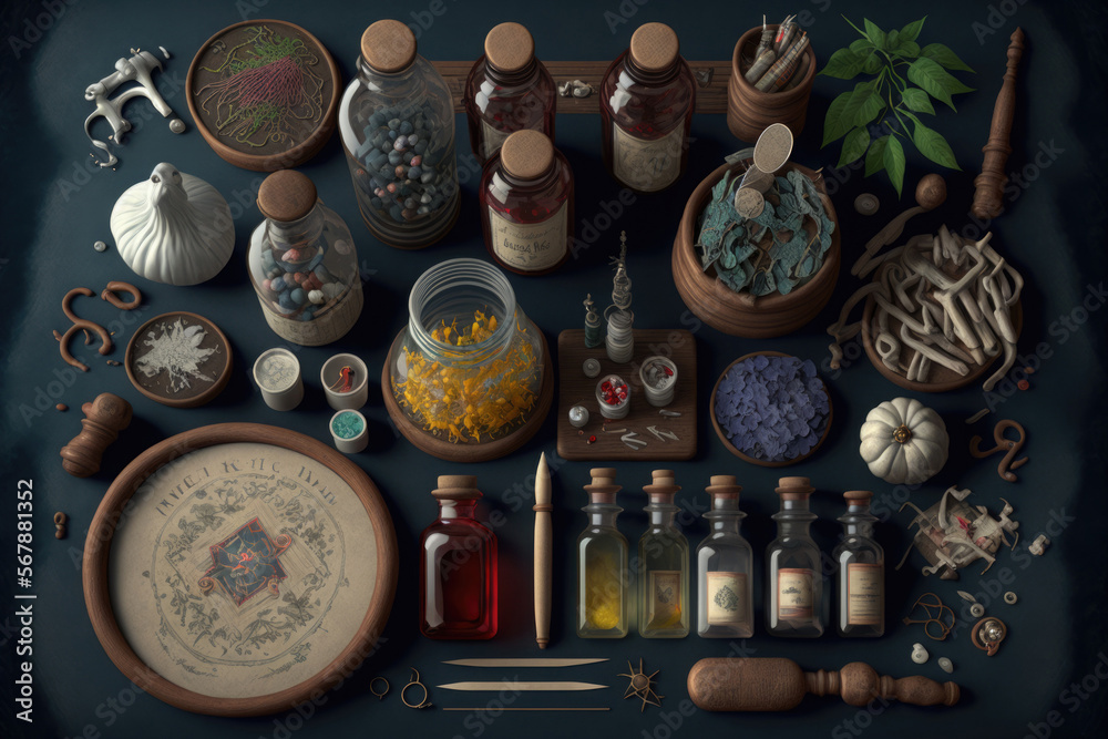 Knolling Medieval Apotheke Pharmacy Objects, Herbs, Powders, Bottles and Measuring tools, AI Generative.