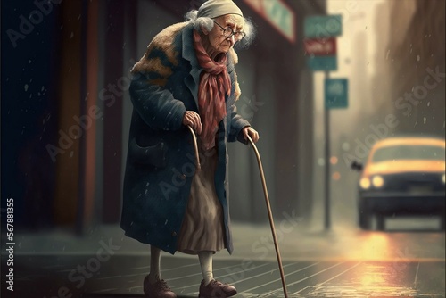 Slowly Walking Old Woman with Cane on Busy Street, AI Generative illustration of low mobility issues.
