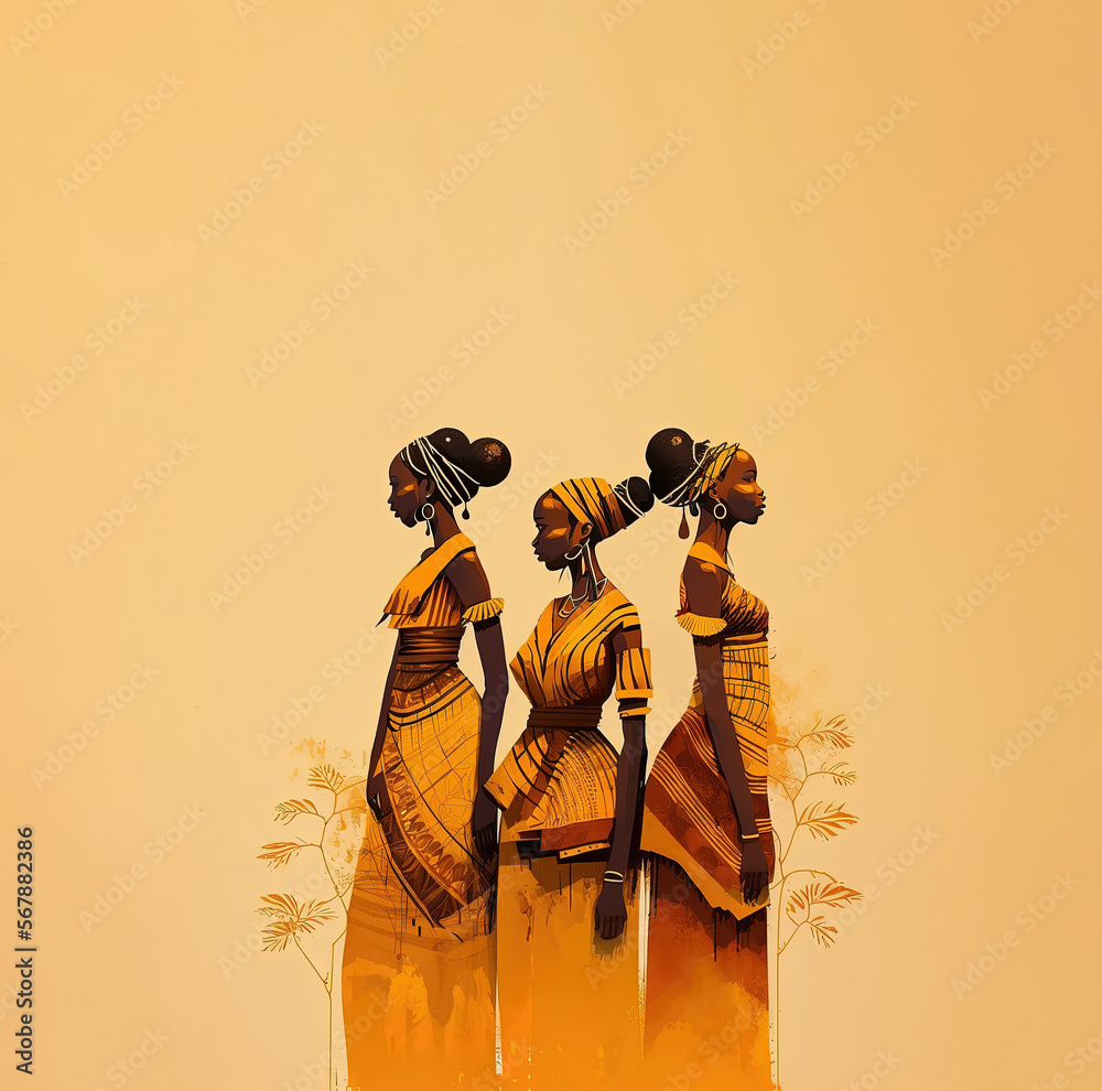 A tribe of African women on a clean background. Black history month BHM and Black live matter BML concept. Digital illustration created with Generative AI. - obrazy, fototapety, plakaty 