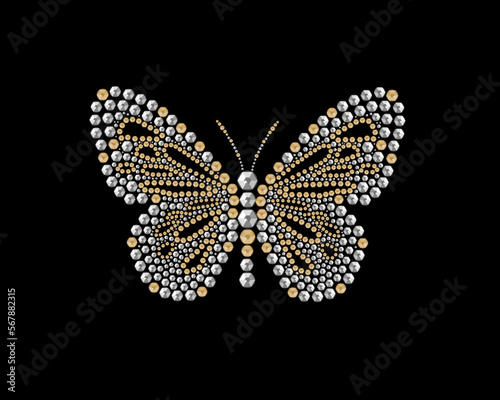 Butterfly pattern embroidery Shiny, silver and black print with diamonds, Isolated fashion abstract background rhinestone hot fix design hand drawn