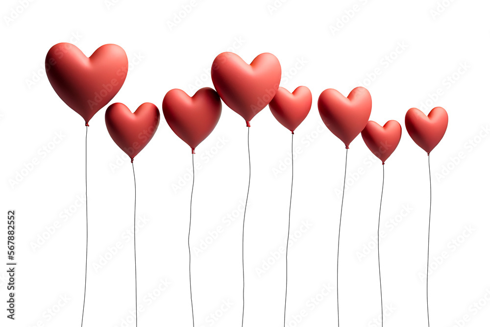 Several Red Heart Shaped Balloons Floating - Transparent PNG Generative AI.