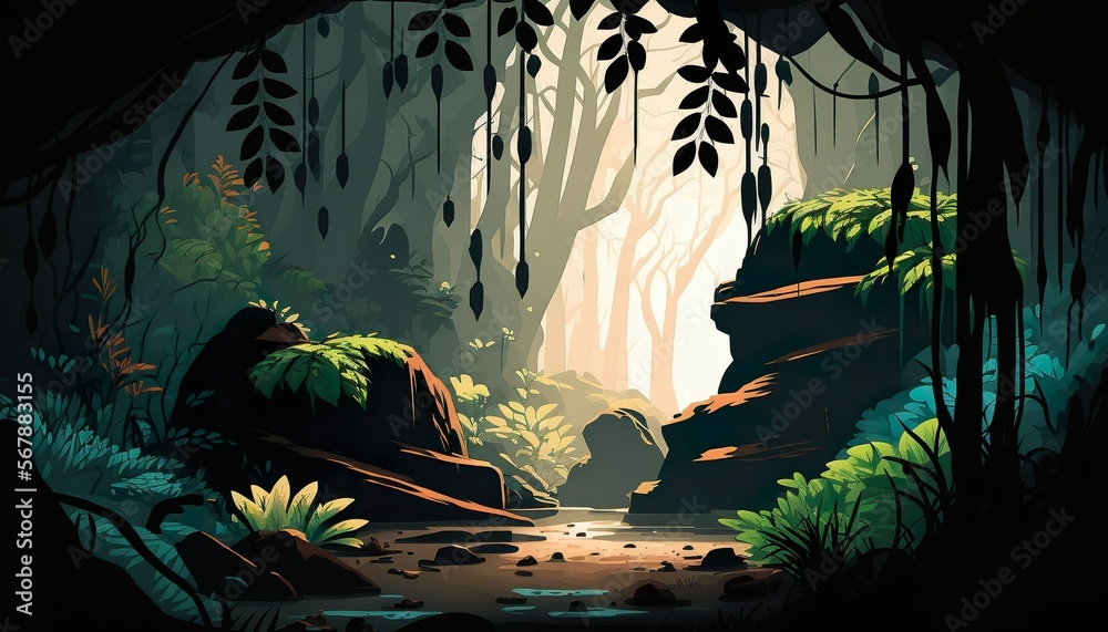 AI-generated forest illustration with big stones covered with moss, visible from the cave