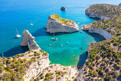 Kleftiko Bay, a scenic attraction with white volcanic rocks and caves. Milos Island, Greece
