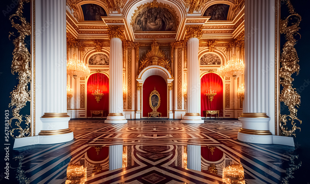 A realistic fantasy interior of the royal palace. golden palace. castle  interior. Fiction Backdrop. concept art. generative ai Stock Illustration