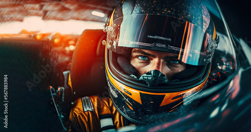 Racer in a helmet driving a car on the track. digital art, ai	