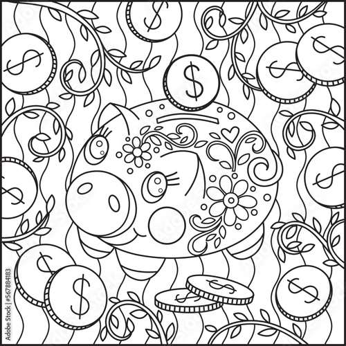 	
Cute pig bank coloring page. Graphical money box cartoon piggy. Vector illustration