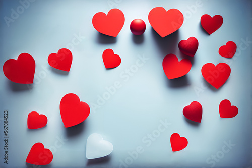 red hearts on blue background, valentine day greeting card.