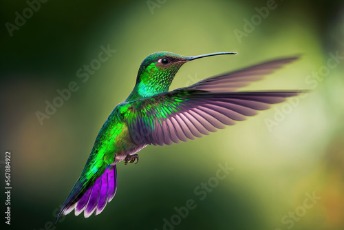 Colibri thalassinus, a green violet ear hummingbird, in flight on a green background in Costa Rica. Generative AI © 2rogan