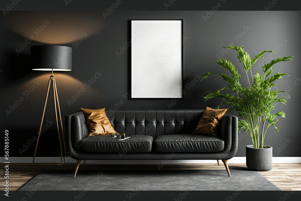 modern living room with leather sofa, black walls, and. Generative AI