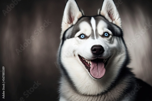 Siberian Husky dog with pointed ears, amusing Husky dog grinning and laughing eyes, and adorable enthusiastic canine emotions. Gray and white Siberian husky dog with a sardonic expression, playing aro photo