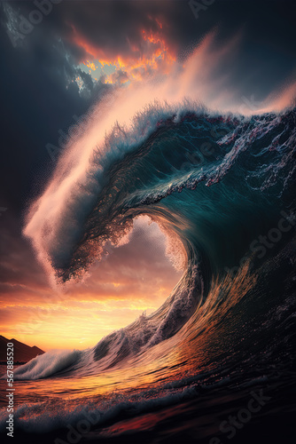 Ocean wave barrel at sunset time, crashing. Shot from the ocean with waterhousing aquabox. Digital illustration created with Generative AI.