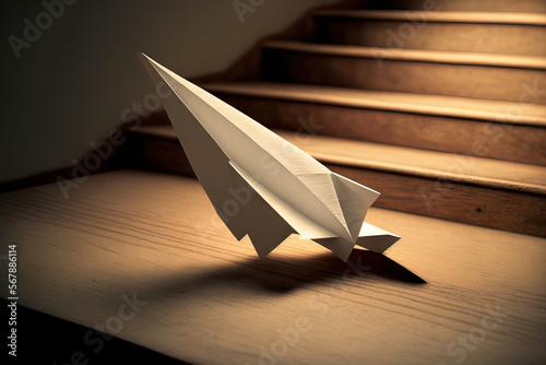 Making a paper airplane on wooden steps, representing the success of starting from nothing. Generative AI © 2rogan