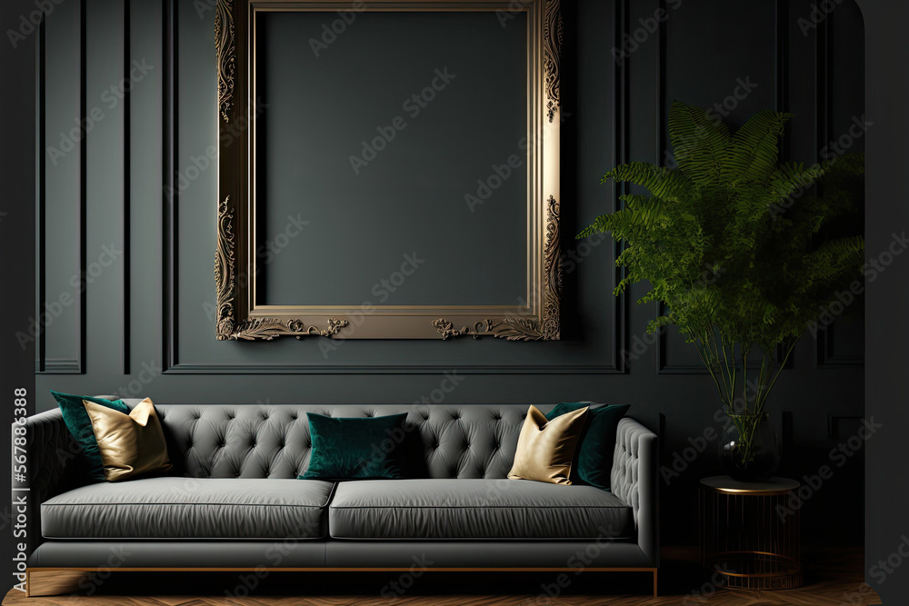 Interior frame mockup of a luxurious, modern, dark living room. Generative AI Interior frame mockup of a luxurious, modern, dark living room. Generative AI