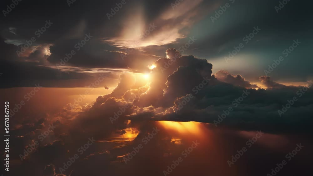 Flying above dramatic sunset cloudscape with sun shining through, detailed picturesque cockpits view, camera moving to beautiful clouds, amazing CG animation.