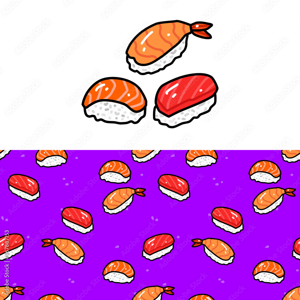 sushi tuna, salmon, prawn doodle and seamless pattern