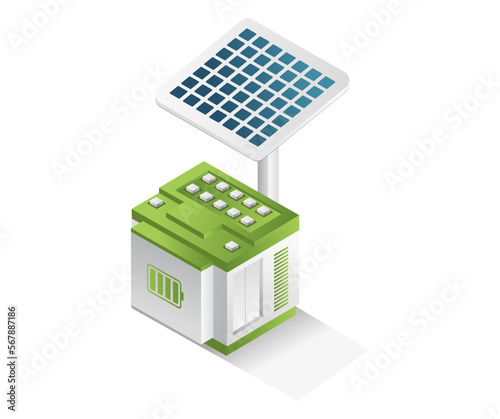 Flat isometric concept 3d illustration solar panel with battery