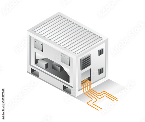 Flat isometric concept 3d illustration of battery box storing electric energy solar panel