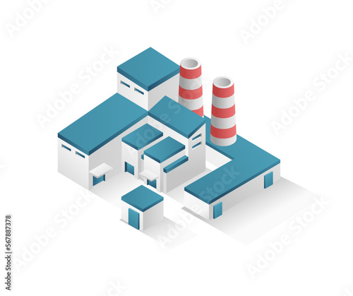 Flat isometric concept 3d illustration modern factory industrial minimalistic building with chimney