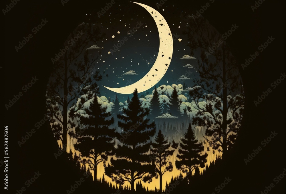 Fototapeta premium Moon nightscape, waxing waning crescent moon phase, with silhouetted pine trees in the woodland and a crescent moon in the nighttime sky. Generative AI