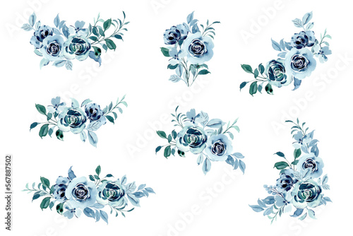 Watercolor set of blue green rose flower decorations