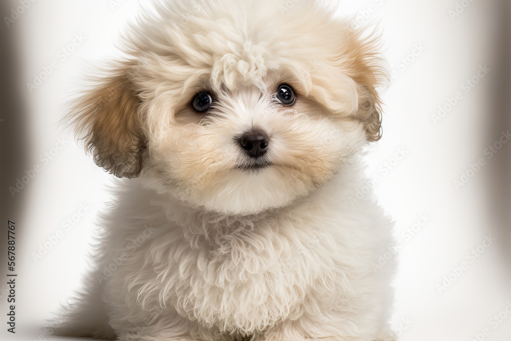 Young, cute maltipoo puppy in studio photo, isolated on white background. a cross between a maltese dog and a tiny poodle with long, low shedding, waves in its hair. copy space, close up. Generative Young, cute maltipoo puppy in studio photo, isolated on white background. a cross between a maltese dog and a tiny poodle with long, low shedding, waves in its hair. copy space, close up. Generative