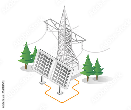 Flat isometric 3d illustration concept of solar electric energy view