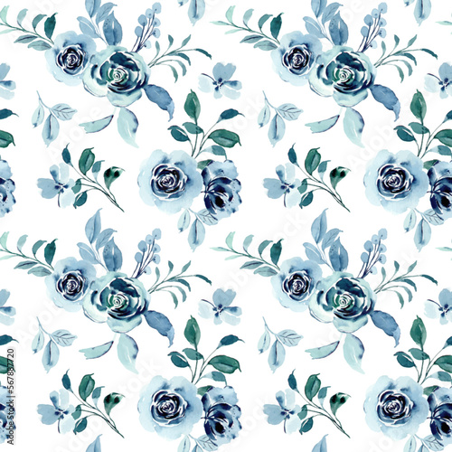 Watercolor blue green rose flower seamless pattern