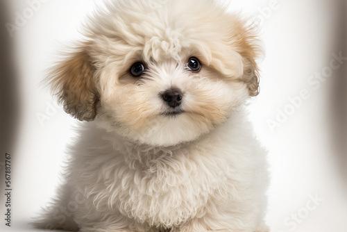 Young, cute maltipoo puppy in studio photo, isolated on white background. a cross between a maltese dog and a tiny poodle with long, low shedding, waves in its hair. copy space, close up. Generative