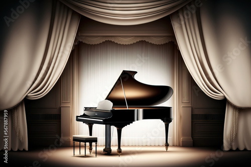 Realistic polished grand piano with seat in luxurious room with floor to ceiling beige layer satin curtains in the background. music school, backdrop, empty space, and blank display. Generative AI