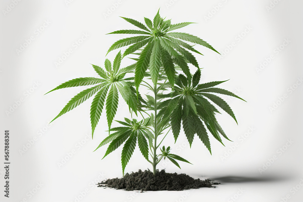 Obraz premium Cannabis plant growing with marijuana leaves isolated on a white backdrop. Generative AI