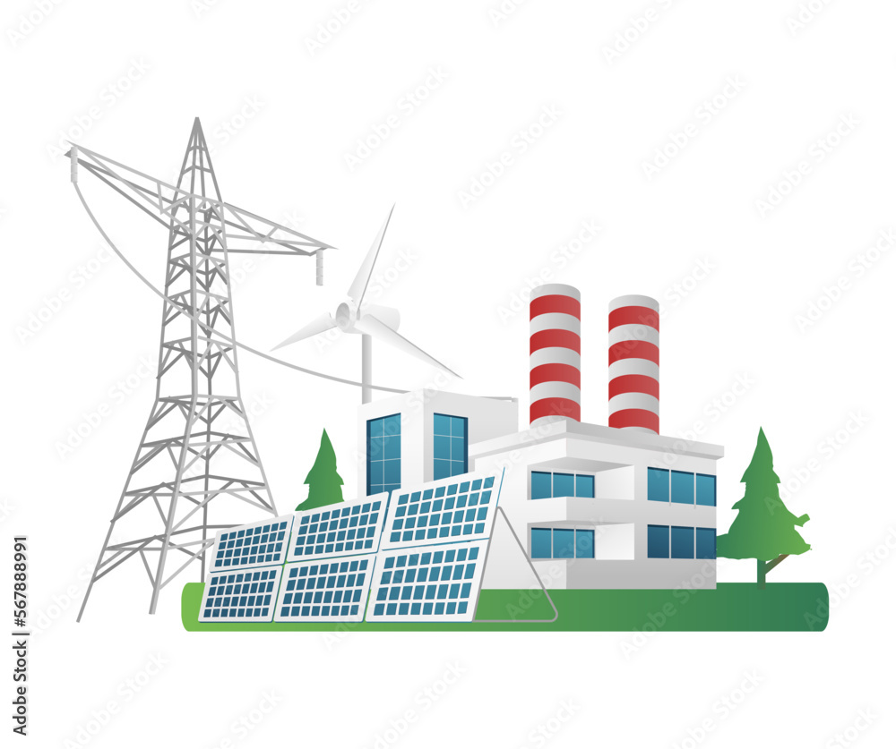 Obraz premium Flat isometric 3d illustration concept industrial minimalist building factory with solar electric energy