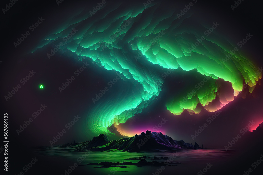 Luminous Night Sky a northern lights For design projects, a lovely natural effect Deep Night Magic Dark Sky Amazing with clouds and colored northern or polar lights that are realistic. Drawings in ill